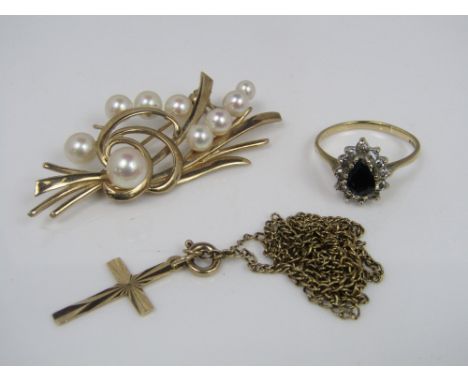 Three 9ct items comprising a sapphire and diamond ring, size L/M, a cultured pearl brooch of stylised form (one pearl vacant)
