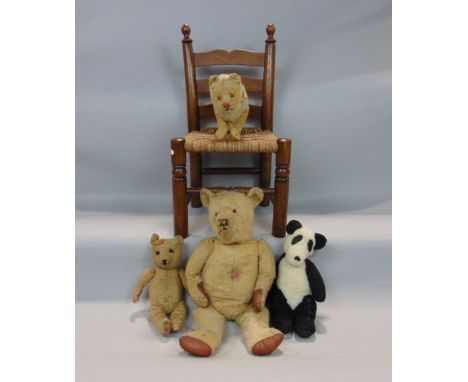 A box containing a collection of antique mohair style bears together with a dolls strung seat, ladder back chair,