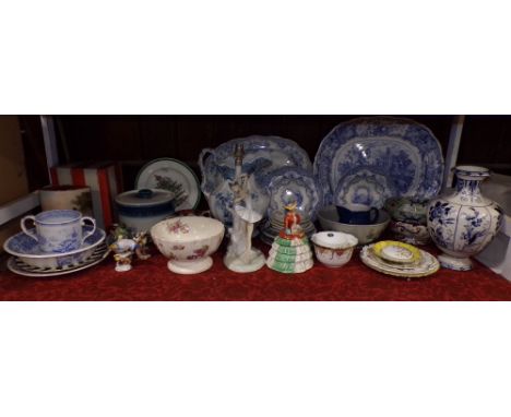 A collection of 19th century and other ceramics including a blue and white printed meat plate, a blue and white printed lovin