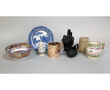 A collection of mainly 19th century British ceramics including an early 19th century bowl with printed and infilled chinoiser