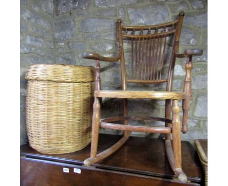 Three 19th century country made dining chairs of varying design, together with four wicker baskets, an ashwood stick back roc