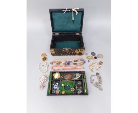 Good costume jewellery lot to include a 9ct bar brooch set with turquoise, two miniature compass charms; one in 9ct mount, si