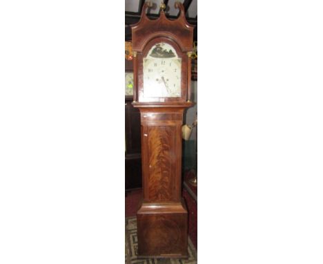 A Georgian mahogany longcase clock, the case with string inlaid detail, the hood with ionic capitals, beneath a swan necked c