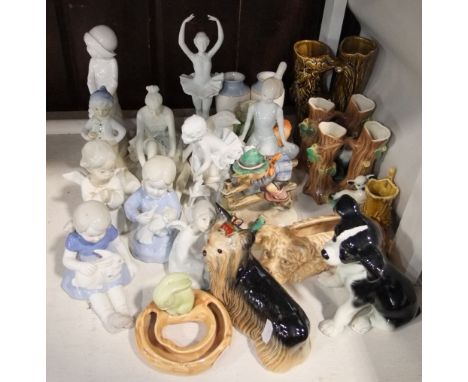 A collection of ceramic figures and animals including a Sylvac posy holder in the form of a terrier number 2024, a Goebel Hum