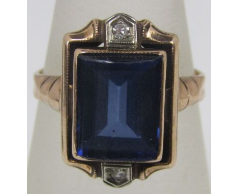 An art deco sapphire and diamond ring in unmarked gold, size N, 3.5g