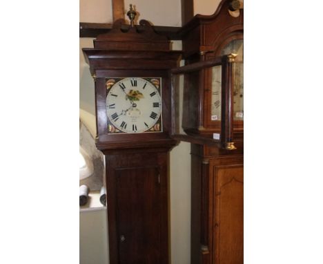 A bright cottage longcase clock, the square painted dial with exotic pheasant and shell spandrels with calendar aperture and 