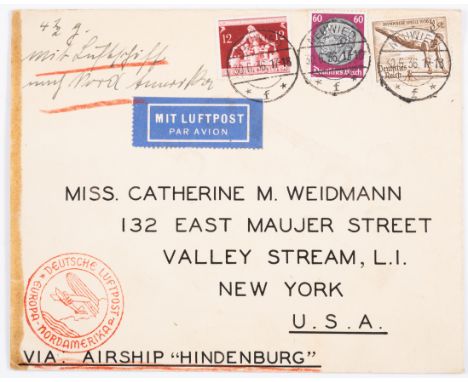 Airship Hindenberg.- Printed envelope sent via the "Hindenberg",&nbsp;ink manuscript note in German to upper corner, 3 postal