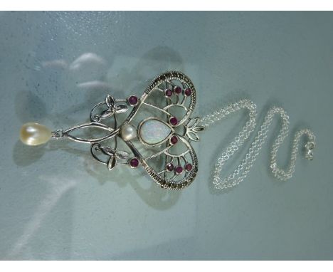 Silver (925) belle epoque style necklace with central opal, ruby and pearl drop