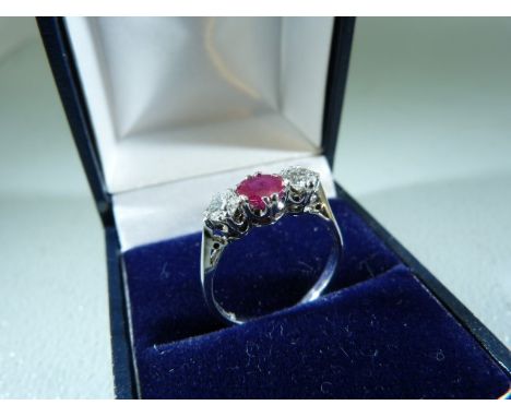 18ct white gold three stone ruby and diamond ring of approx 1.1cts