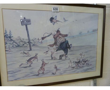 Framed comedic Print of a Hunter besieged by rabbits 