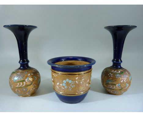 Royal Doulton Vase and two bud Vases in the Lambeth style with enamel painting