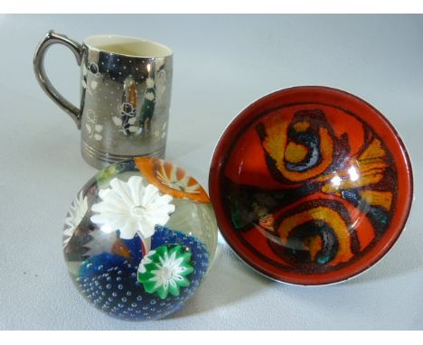 Poole Pottery Delphis bowl, Unusual glass paperweight and a Keith Murray for Wedgwood silver lustre half tankard