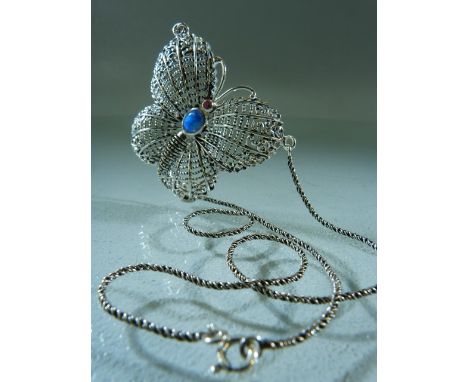 Silver (925) butterfly necklace set with a ruby and central opal