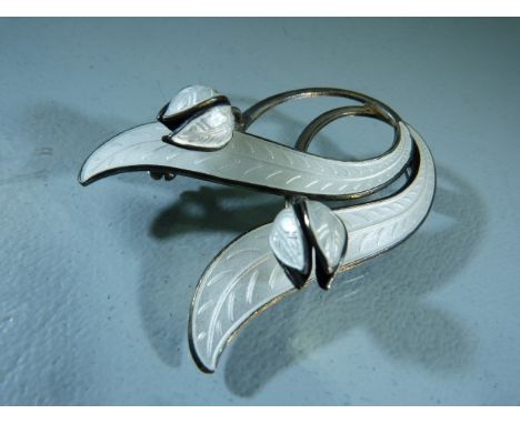 Swedish Sterling silver Brooch in the form of Tulips set with white enamel. Marked to back. 