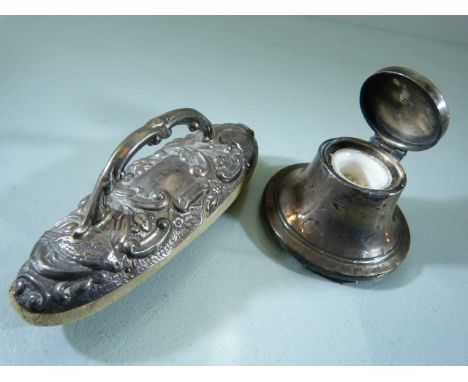 Hallmarked silver inkwell and a silver topped blotter