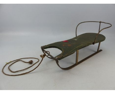 Victorian Pine framed and painted miniature sled on wrought iron sleds.