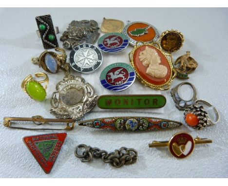 Small selection of Trinket medals to include a Micro-mosaic bar brooch and a Courage cufflink. 