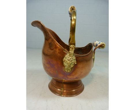 Copper and brass coal scuttle with delft ceramic handles