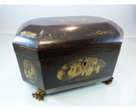 Chinese Black lacquer tea caddy with gold decorative panels with central fitments, two caddies each with two lids Circa 1820