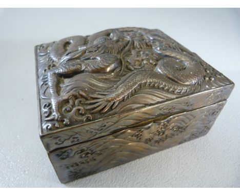 Unusual Chinese trinket box embossed with dragons markings to base. Photos attached