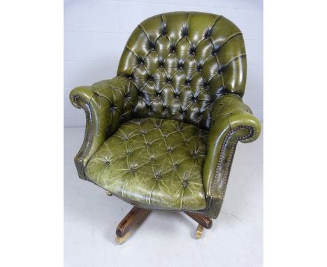 Antique Green leather button back Captains swivel chair