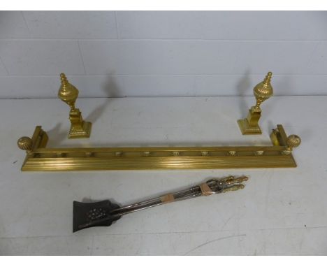 Brass Arts and Crafts fireguard along with the matching dogs and fire equipment
