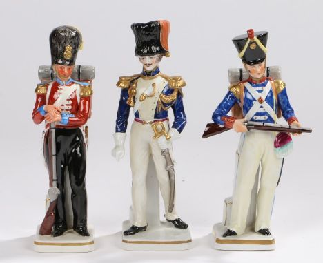 German porcelain figures in the form of soldiers, 'Grenadier Guards 1853', 'Officier Du Reg. des Guides 1833', 'Light Infantr