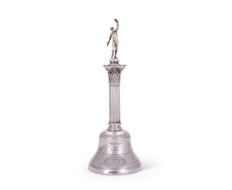 A SILVER FIGURAL PRESENTATION HANDBELL BY MARTIN HALL & CO.SHEFFIELD 1935With an athletic tradesman atop a Corinthian column 