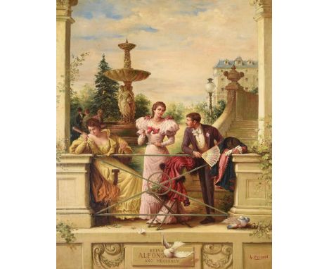 A*** FERRANT (19TH CENTURY)A ROMANTIC SCENEOil on canvasSigned (lower right), inscribed Reina Alfons.. and dated 1845 (lower 