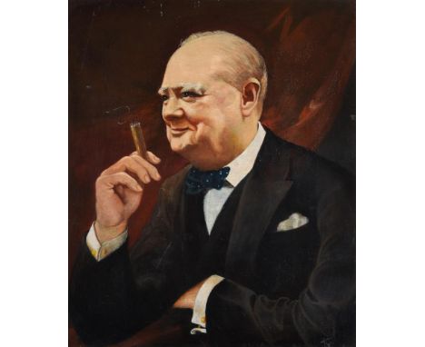 ENGLISH SCHOOL (20TH CENTURY)PORTRAIT OF WINSTON CHURCHILLOil on canvas74 x 60.5cm (29 x 23¾ in.)Condition Report: The canvas