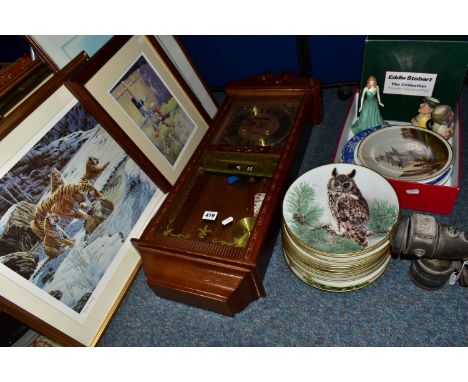 A BOX AND LOOSE CERAMICS, CYCLE LAMP, CLOCK AND PICTURES, to include a Bauer cycle lamp, a Royal Doulton The Gemstones Collec