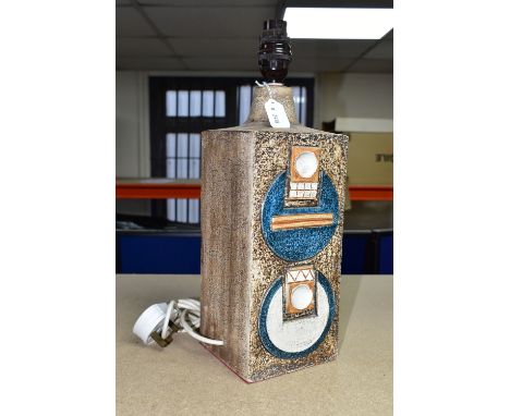 A TROIKA POTTERY RECTANGULAR BRICK SHAPED LAMP BASE, height 38cm to top of electric fitting, embossed stylised decoration to 