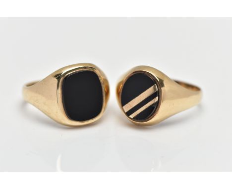 TWO 9CT YELLOW GOLD ONYX SIGNET RINGS, the first set with an oval onyx panel with yellow metal inlay, approximate ring size V
