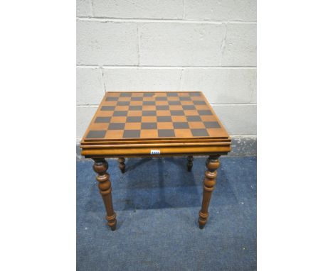 A MAHOGANY GAMES PLAYING TABLE, including chess and backgammon piece, 51cm cubed