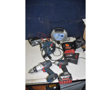 A BOSCH GSB18VE-2-LI 18V DRILL, a Bosch 18v Impact driver, two batteries and charger, a Ring Battery Charger ( all PAT pass a