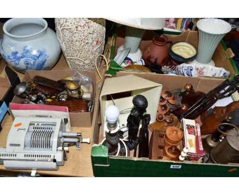 THREE BOXES AND LOOSE CERAMICS, TREEN, METAL WARES AND SUNDRY ITEMS, to include a Protector Lamp and Lighting Co Eccles miner