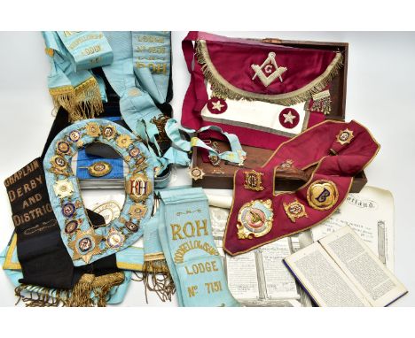TWO BOXES OF 'R.A.O.B' REGALIA, to include a metal case containing a light blue, white and gold detailed apron, three light b