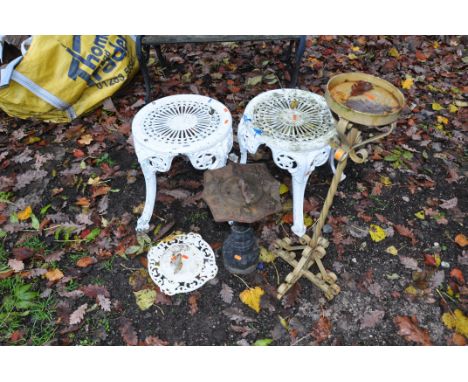 TWO CAST ALUMINIUM GARDEN STOOLS, a Sundial plate, a sundial on cast iron pedestal, and a wrought iron plant stand (5)