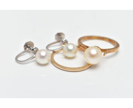 TWO RINGS AND A PAIR OF NON PIERCED EARRINGS, the first a thin band, hallmarked 9ct Birmingham, ring size N, a yellow metal r