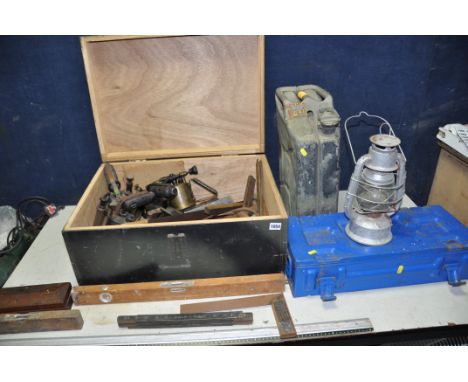 A WOODEN TOOLBOX CONTAINING TOOLS, including four Brass blow lamps by Max Sievert, Veritas and Bladon, a wooden smoothing pla