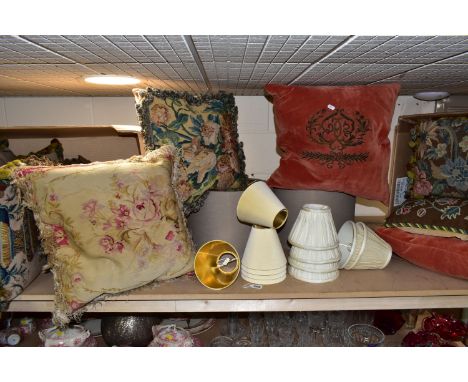 TWO BOXES AND LOOSE SOFT FURNISHINGS ETC, comprising seven embroidered cushions, two velvet cushions with applied wire thread