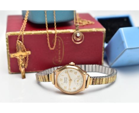 TWO 9CT GOLD PENDANT NECKLACES AND A 9CT GOLD 'ROTARY' WRISTWATCH, to include a crucifix pendant hallmarked 9ct Chester, susp