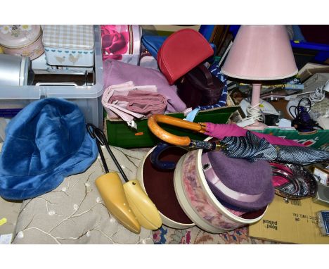 SIX BOXES AND LOOSE LADIES' FASHION ACCESSORIES AND HOMEWARES, to include ladies' hats in hat boxes and loose, brands to incl