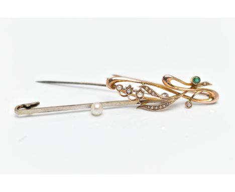 TWO BROOCHES, the first a white metal bar brooch set with a single white cultured pearl with a pink hue, measuring approximat