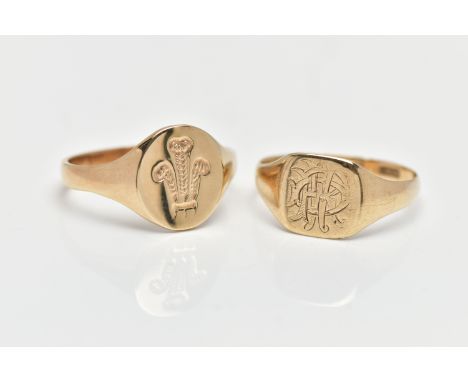 TWO 9CT YELLOW GOLD SIGNET RINGS, to include a 1930s signet ring with engraved initial monogram, together with a modern signe