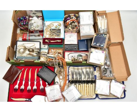 A BOX OF ASSORTED COSTUME JEWELLERY AND ITEMS, to include imitation pearl necklaces, aurora borealis beaded necklaces, brooch