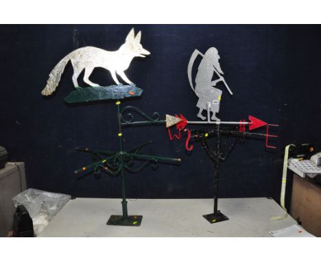 TWO BESPOKE WEATHERVANES, one depicting Old Father Time, 103cm high, the other depicting a Fox but without Compass markers, 1