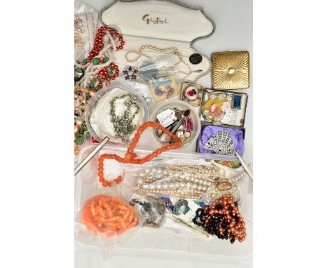 A BOX OF ASSORTED SILVER AND COSTUME JEWELLERY, to include a small AF 'Charles Horner' enamel pendant decorated with a light 