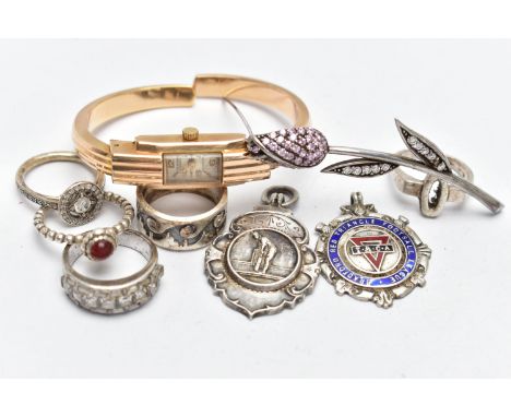 A BAG OF ASSORTED JEWELLERY, to include a gold plated ladies hinged watch, manual wind, rectangular dial signed 'Mondaine 17 