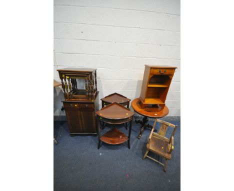 A PAIR OF MAHOGANY CORNER SHELVES, along with a circular tripod table, an oak nest of three tables, small open bookcase with 